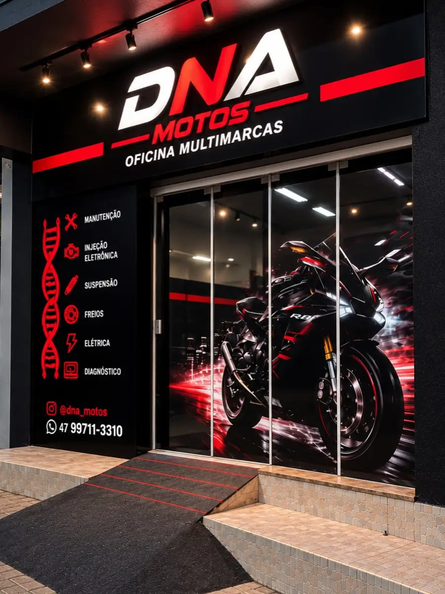 Fachada da DNA Motos na Av. Palestina: porta de vidro, letreiro com o logo e a hélice vermelha ao lado da lista de serviços